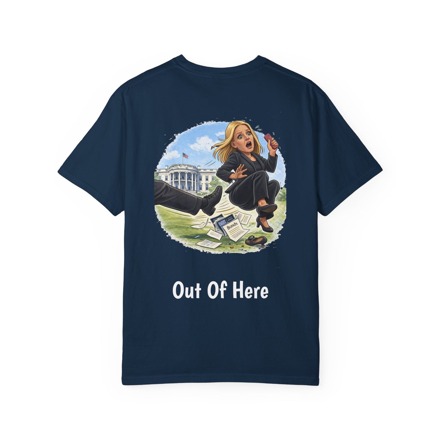 Pam Bondi - Out Of Here Political Parody T-Shirt (Back)