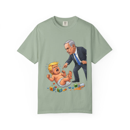 Netanyahu Silencing Crying Baby Trump - Political Parody T-Shirt (Front)
