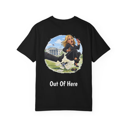 Pam Bondi - Out Of Here Political Parody T-Shirt (Back)
