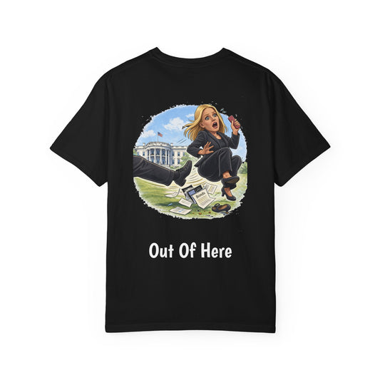Pam Bondi - Out Of Here Political Parody T-Shirt (Back)