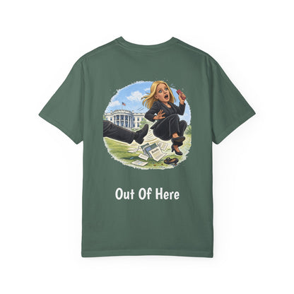 Pam Bondi - Out Of Here Political Parody T-Shirt (Back)