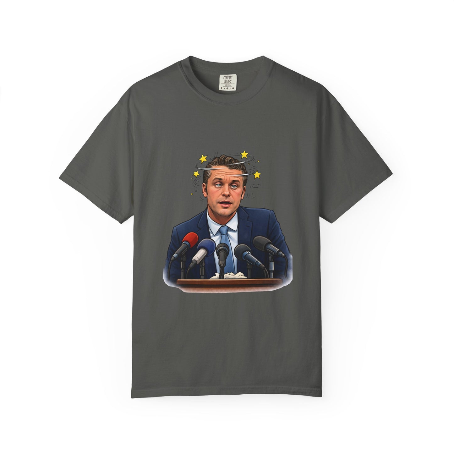 Dizzy Hegseth On The Job After A Few - Political Parody T-Shirt (Front)