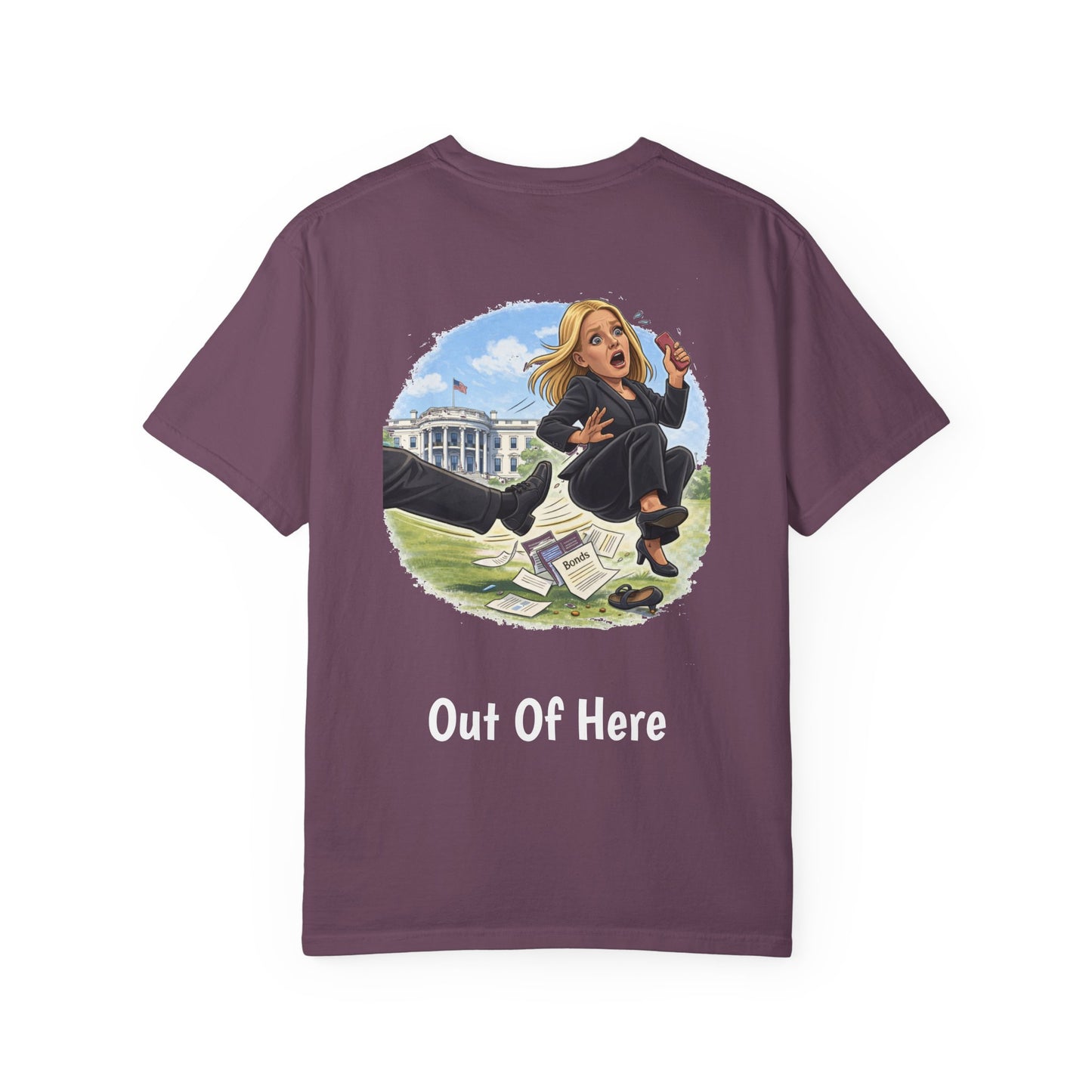 Pam Bondi - Out Of Here Political Parody T-Shirt (Back)