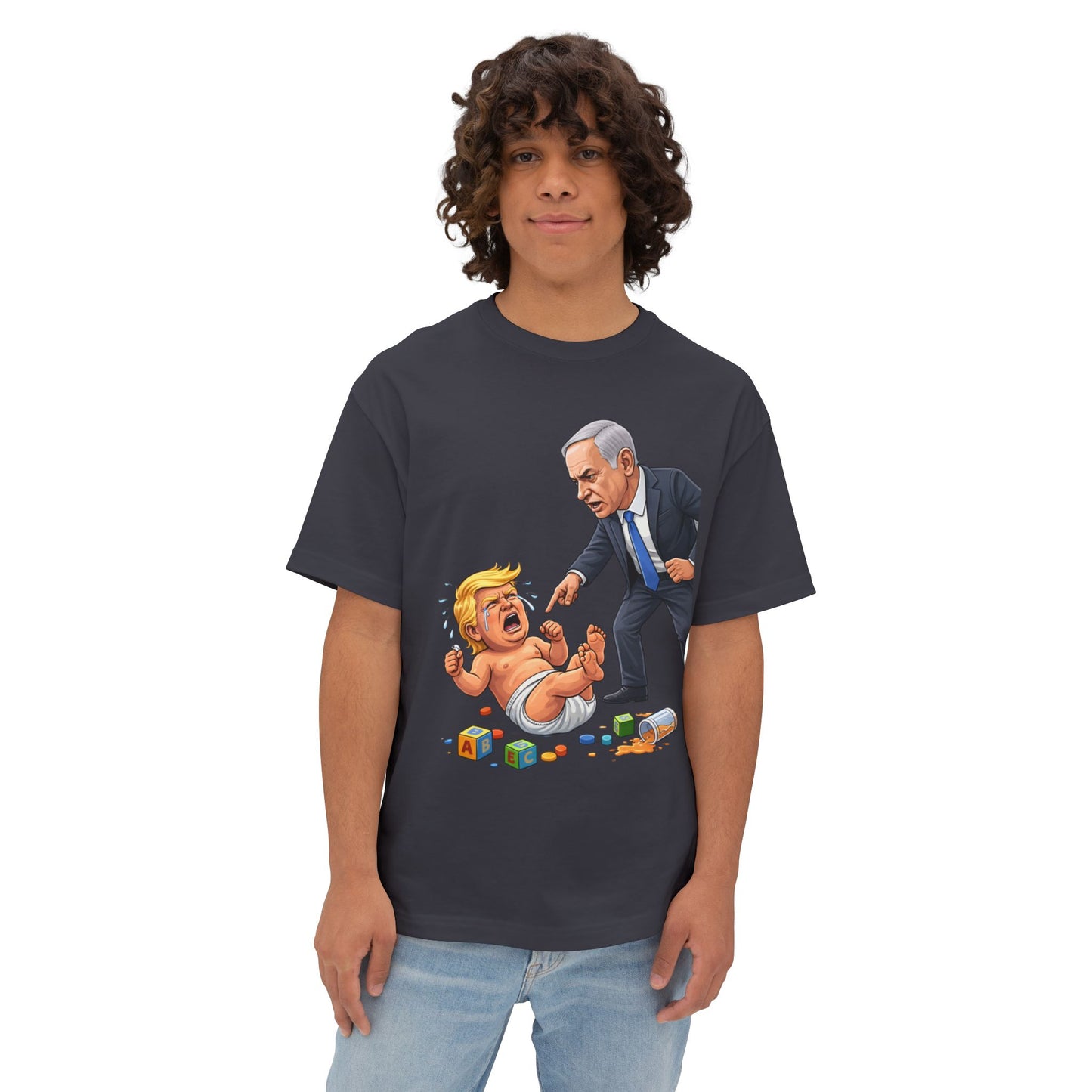 Oversized - Netanyahu Silencing Crying Baby Trump - Political Parody T-Shirt