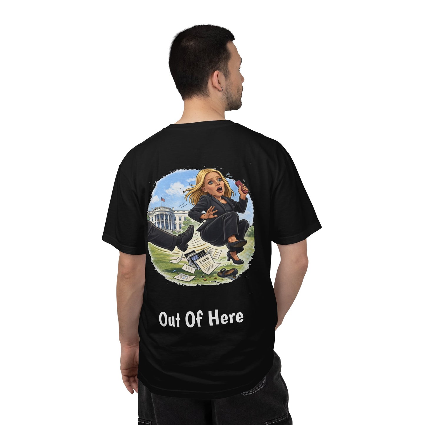 Pam Bondi - Out Of Here Political Parody T-Shirt (Back)