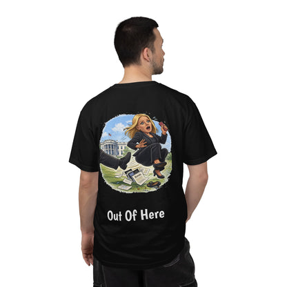 Pam Bondi - Out Of Here Political Parody T-Shirt (Back)