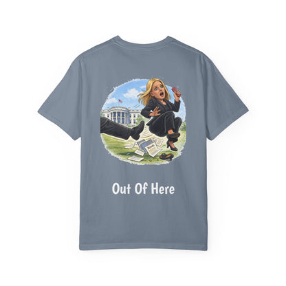 Pam Bondi - Out Of Here Political Parody T-Shirt (Back)