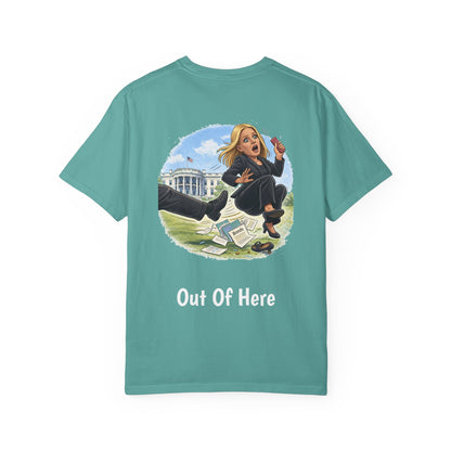 Pam Bondi - Out Of Here Political Parody T-Shirt (Back)