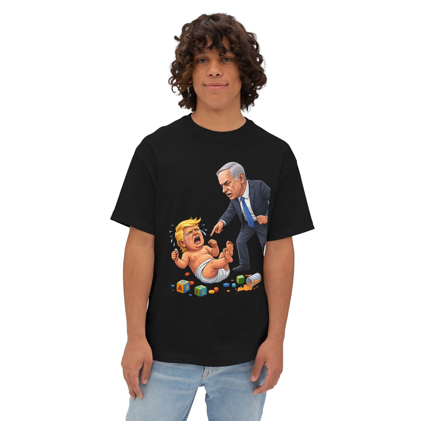 Oversized - Netanyahu Silencing Crying Baby Trump - Political Parody T-Shirt