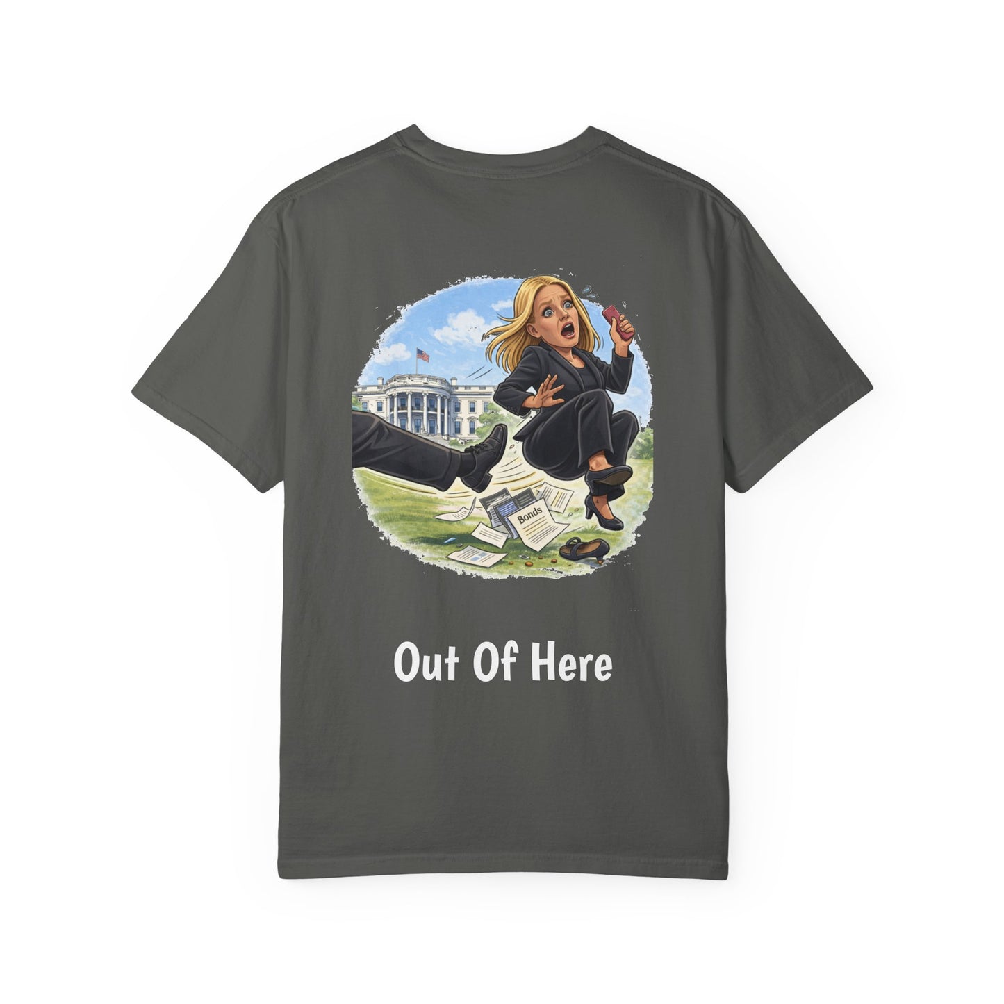 Pam Bondi - Out Of Here Political Parody T-Shirt (Back)