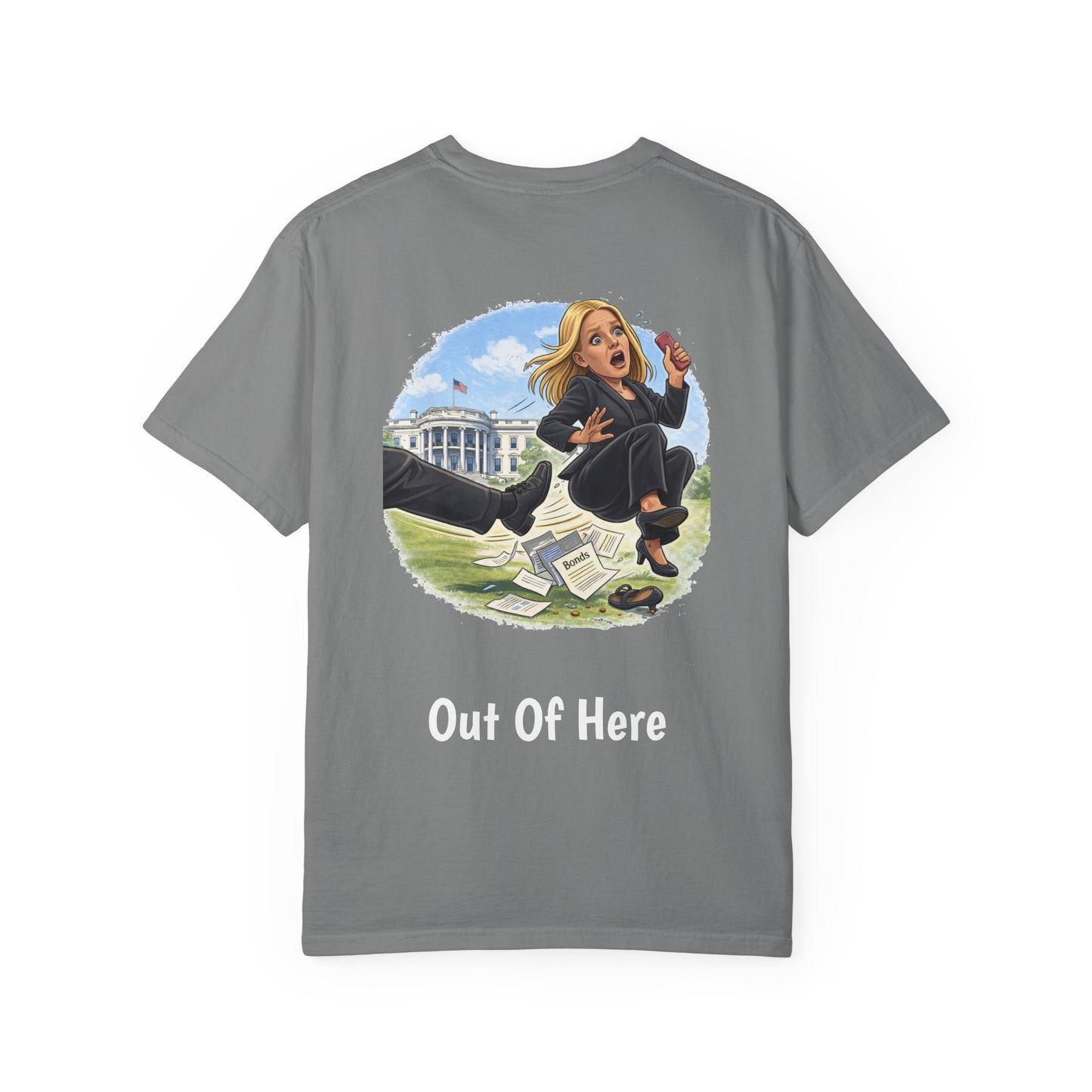 Pam Bondi - Out Of Here Political Parody T-Shirt (Back)