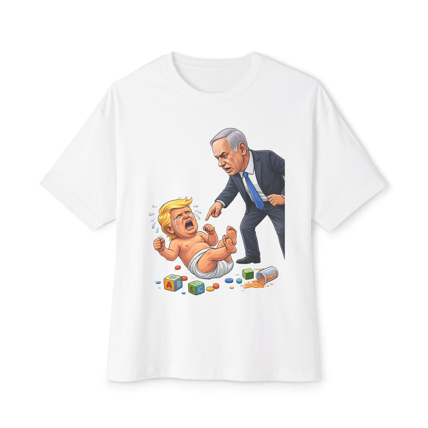 Oversized - Netanyahu Silencing Crying Baby Trump - Political Parody T-Shirt