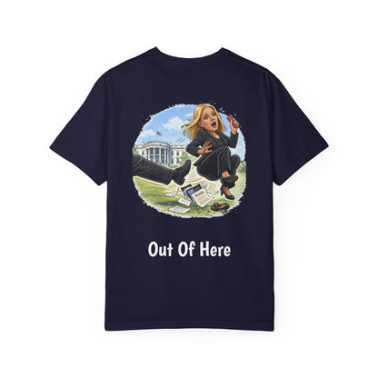 Pam Bondi - Out Of Here Political Parody T-Shirt (Back)